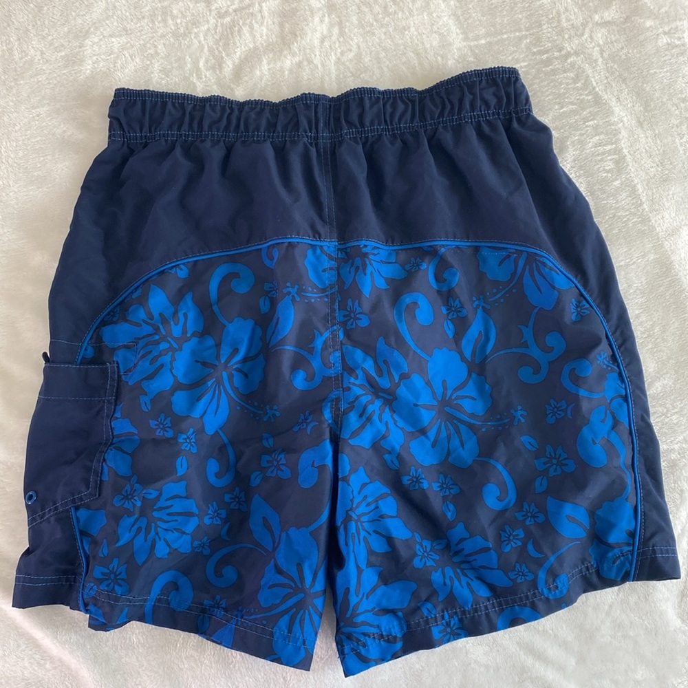 Blue and navy hibiscus print swimming trunks - Picture 8 of 15